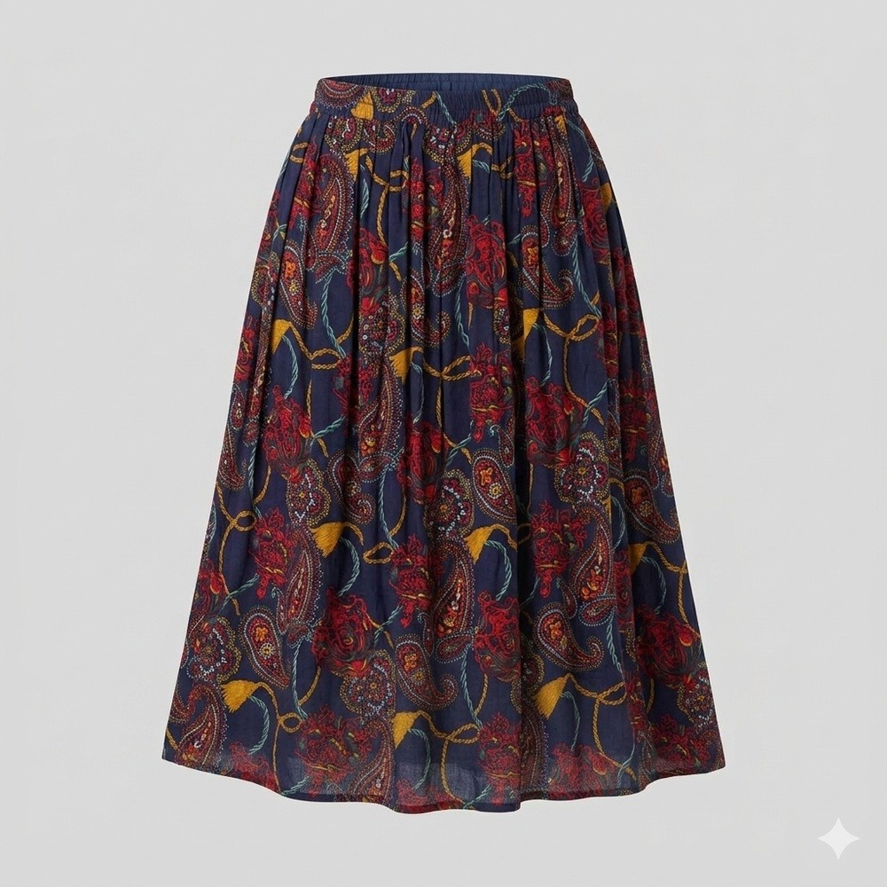 Vintage 90s Navy Red Paisley Graphic Print Midi Skirt 14 Rayon Granny Eclectic
